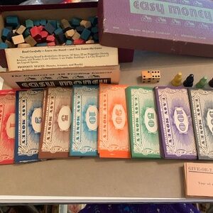 VINTAGE 1936 EASY MONEY GAME PARTS((LOT)) ((MONEY/DICE/BLDS/CARDS/INSTRUCTIONS